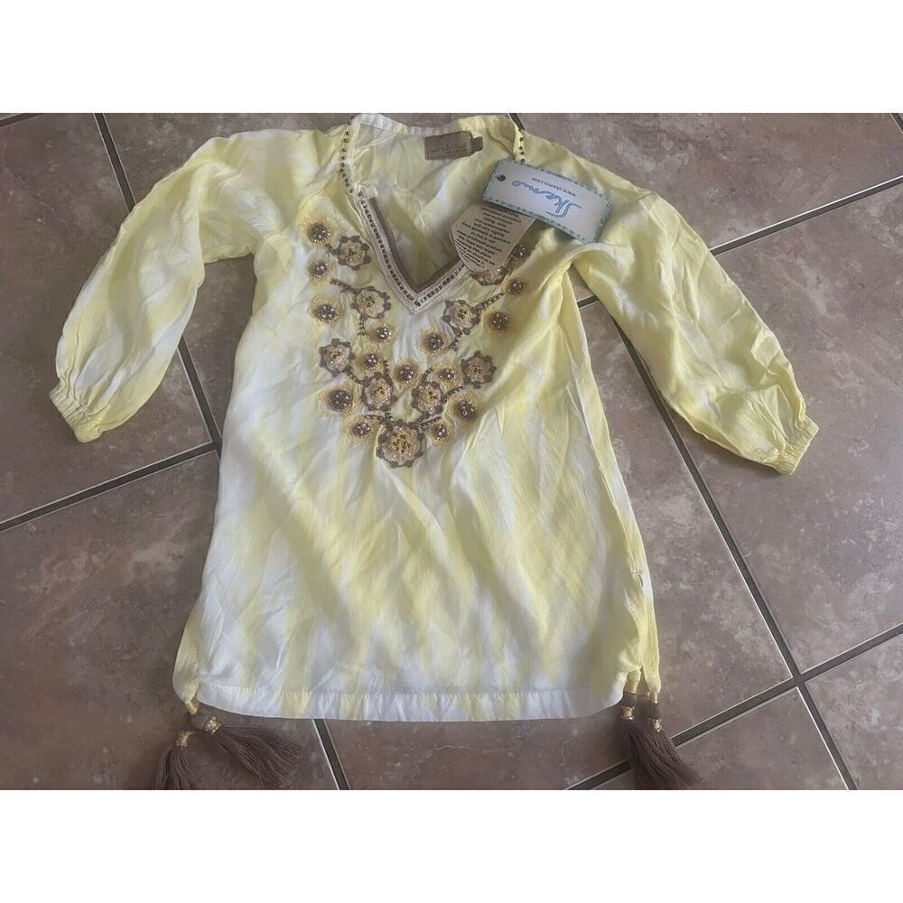 New Skemo Kids Secret Garden Mimi Dress Floral Print Tassel Hem Yellow Sz 5